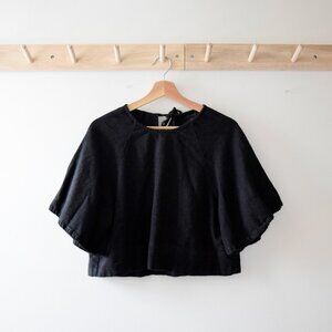 Black cropped linen blend blouse